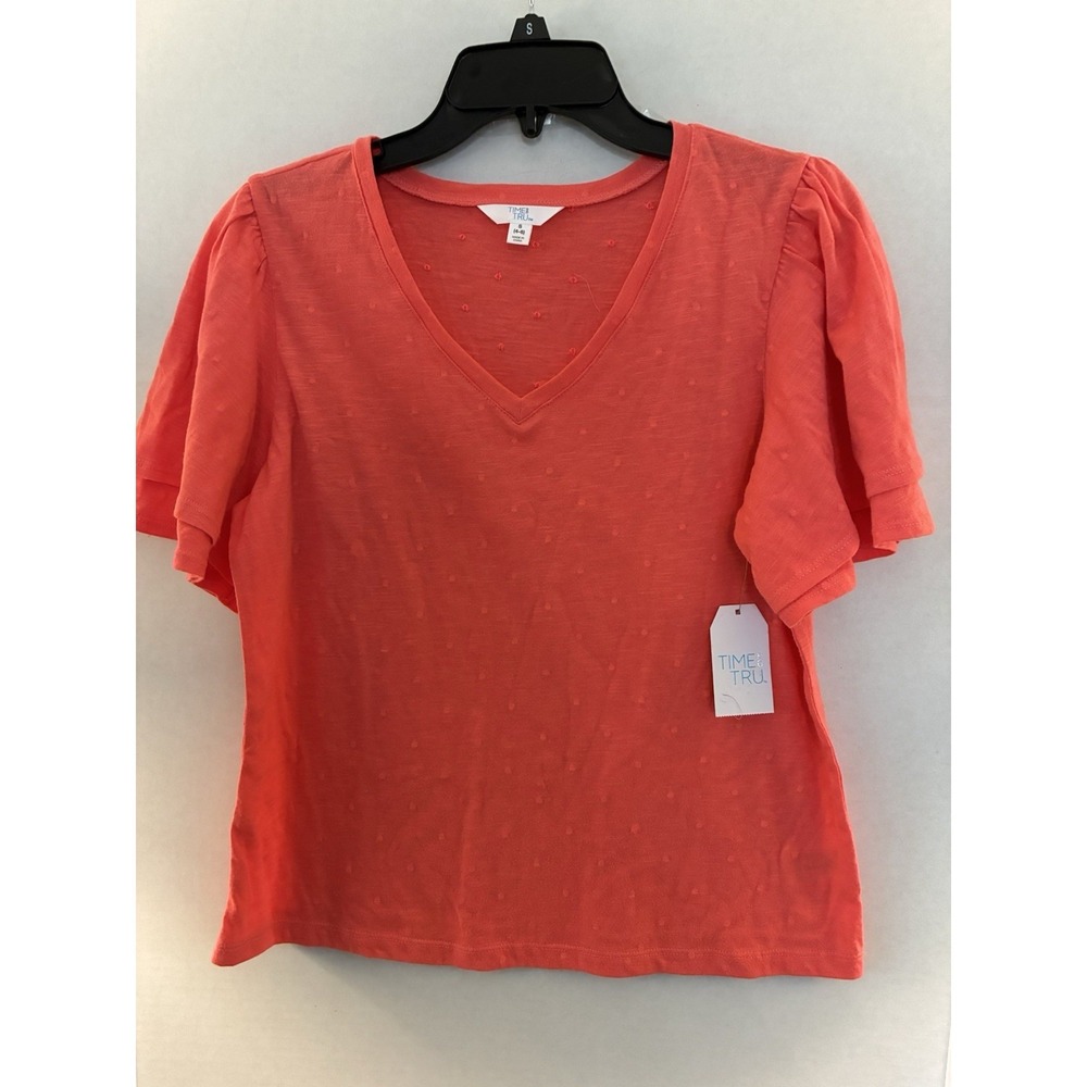 Time & Tru Womens Small Coral Swiss Dot Flutter Sleeve Cottagecore Boho Top NWT